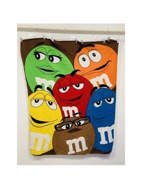 Vintage Colorful M&M Fleece Blanket Faces Green Blue Brown Yellow Orange All Ove